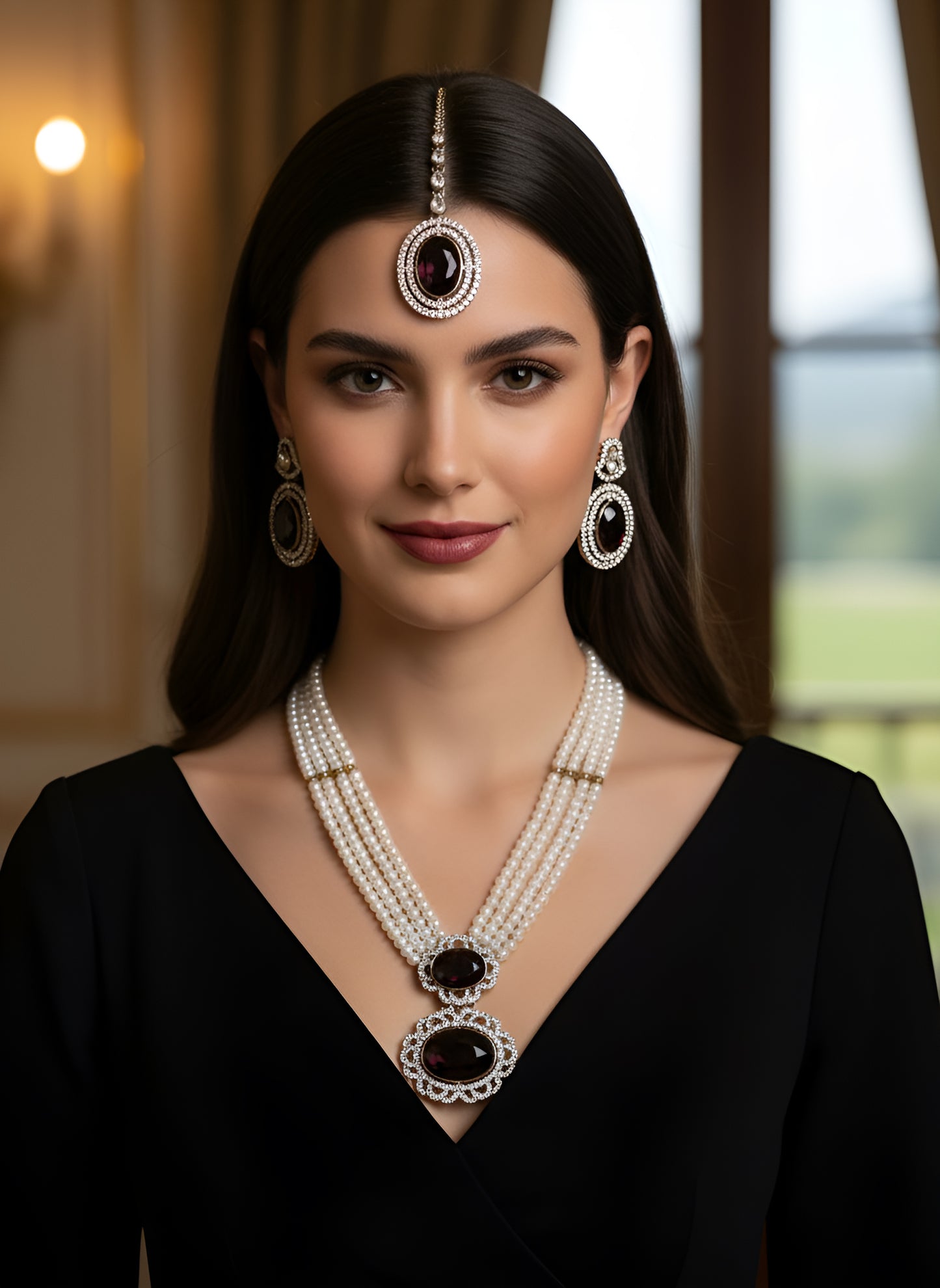 Elegant White Beads Necklace with Front Stone Pendant for Women