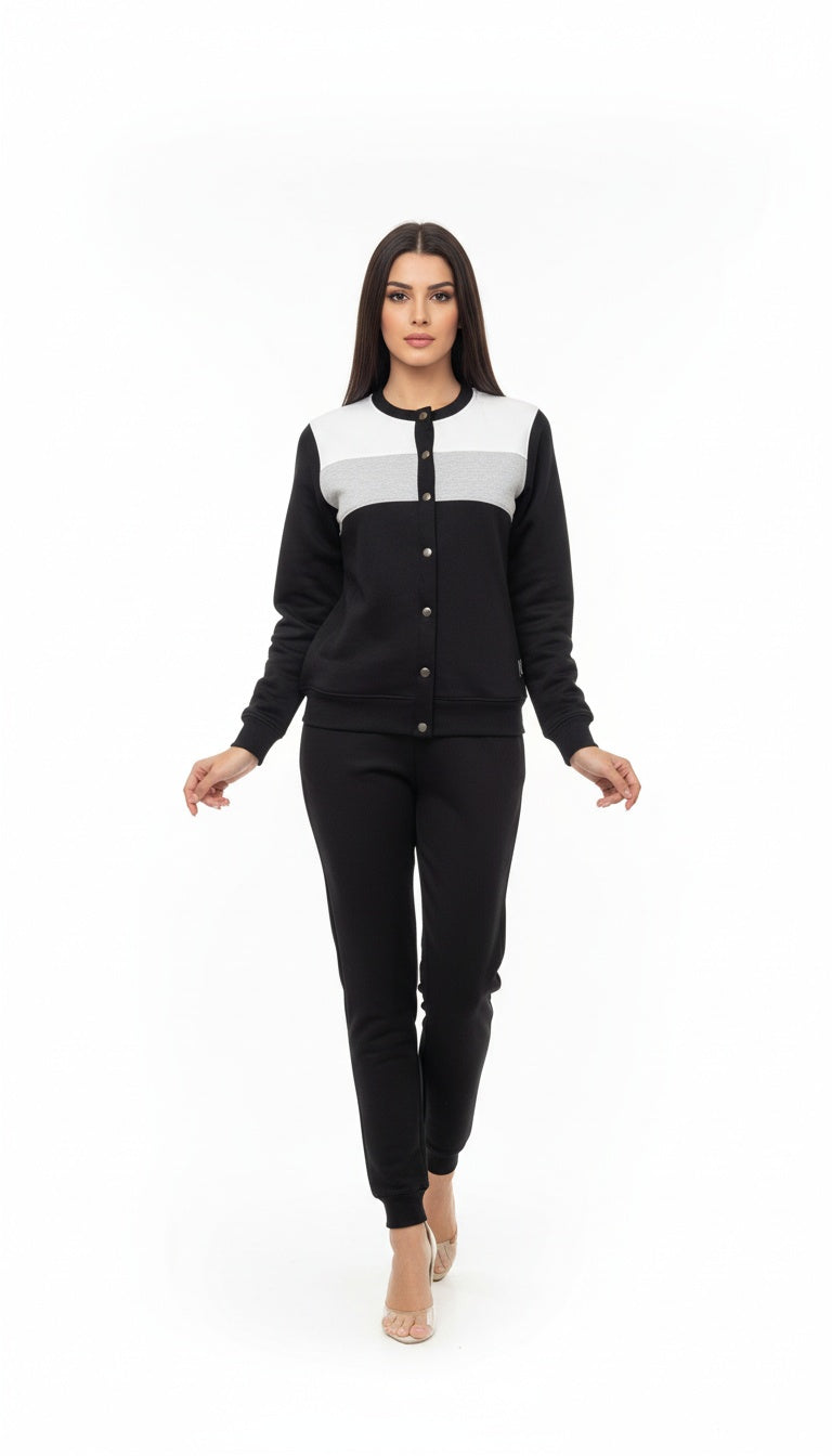 Women Cotton Fleece Co-Ord Set with Track Pants and front Button