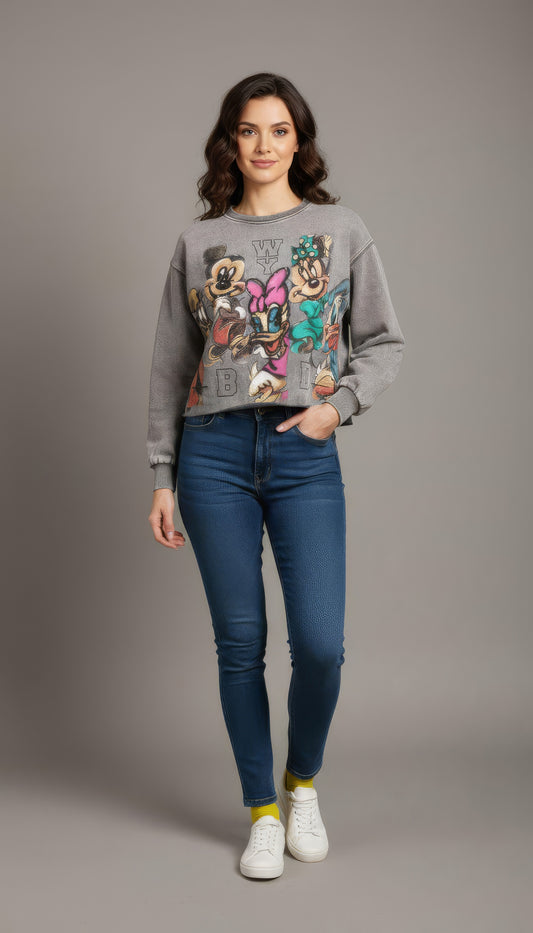 Girls Mickey Print Crop Sweatshirt Full Sleeves With Sequin Work