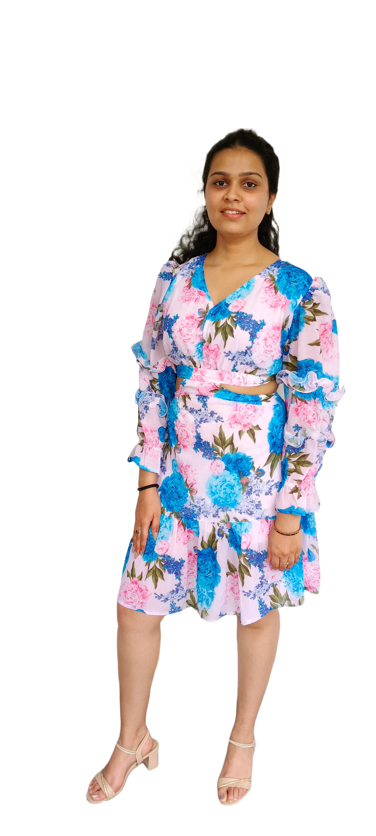 Blue Flower Print Short Dress