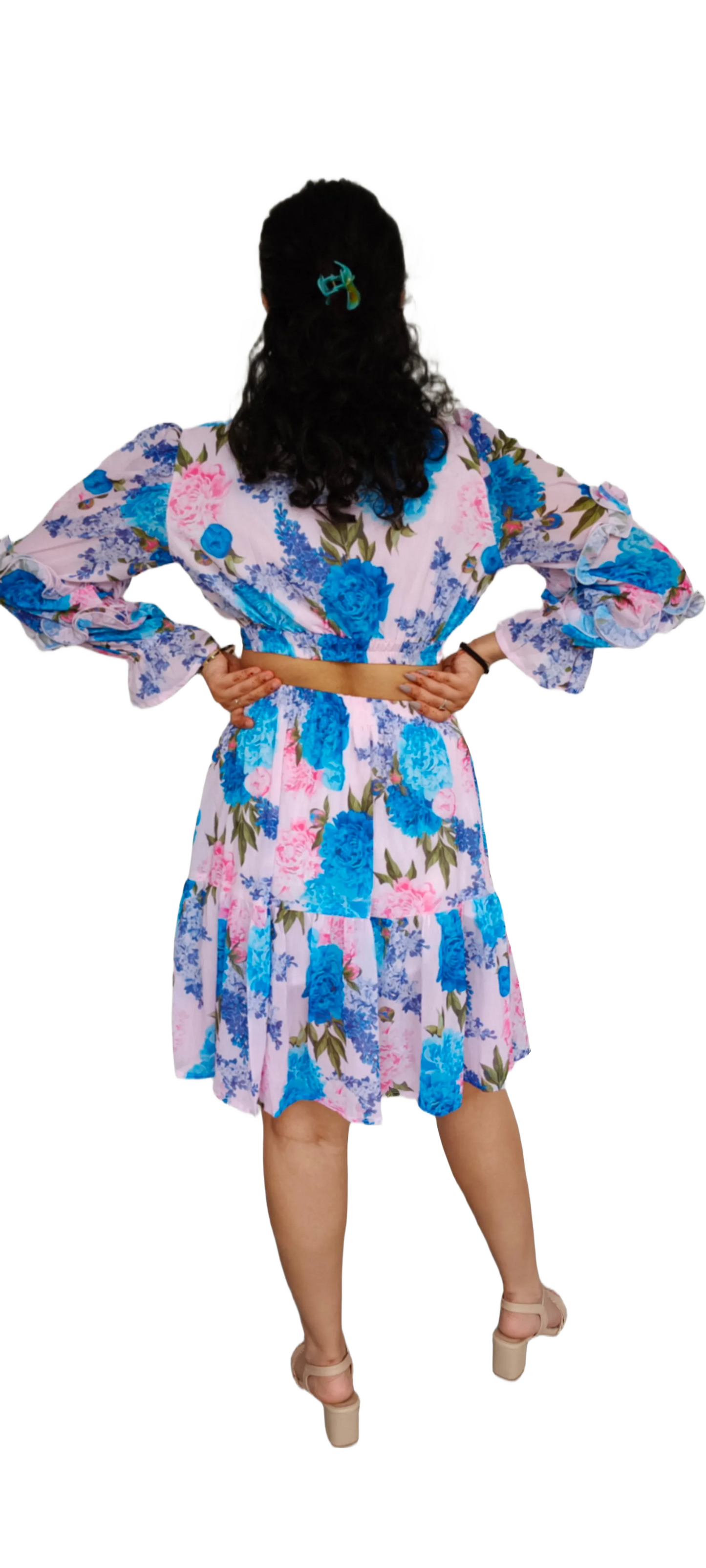 Blue Flower Print Short Dress