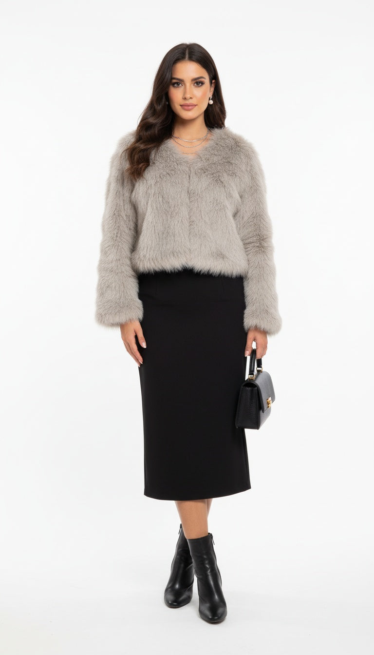 Women’s Faux Fur Short Jacket – Solid Beige