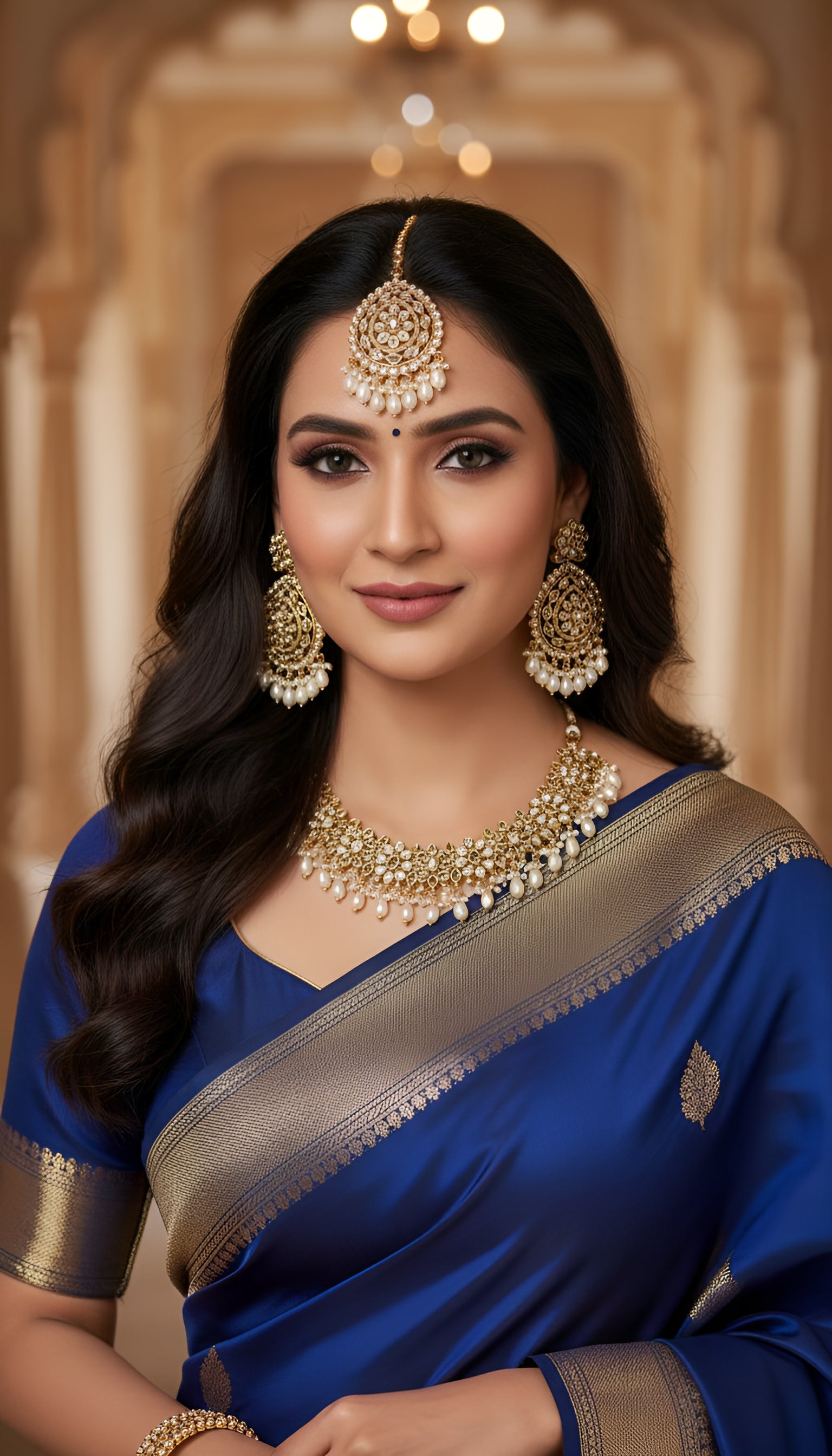 Traditional White Beeds and Stone Necklace with Earing and Mang Tikka
