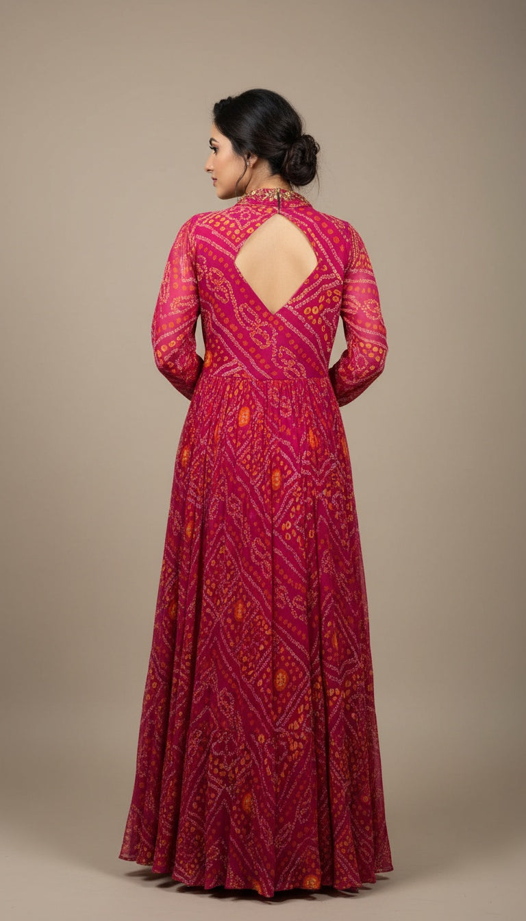 Bandhani Georgette Gown with Elegant Handwork Embroidery For Wedding