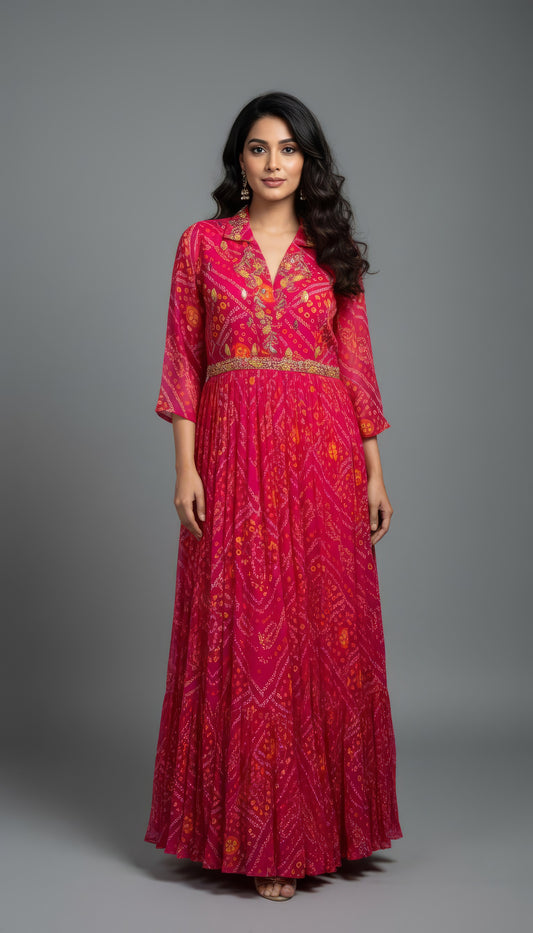 Bandhani Georgette Gown with Elegant Handwork Embroidery For Wedding
