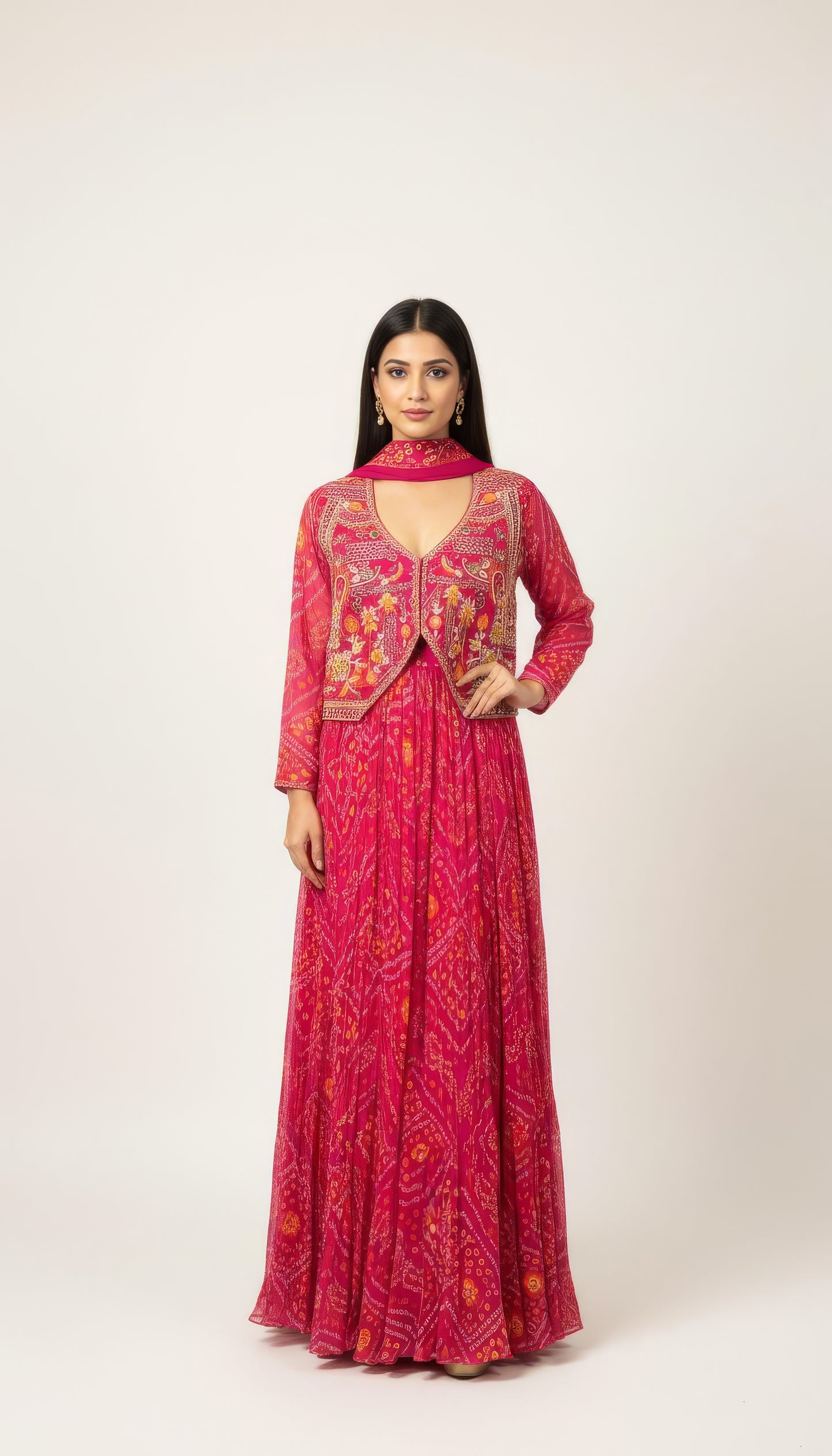 Bandhani Georgette Gown With Elegant Jacket, Elegant Handwork Embroidery. Specially for Wedding description for ecommerce