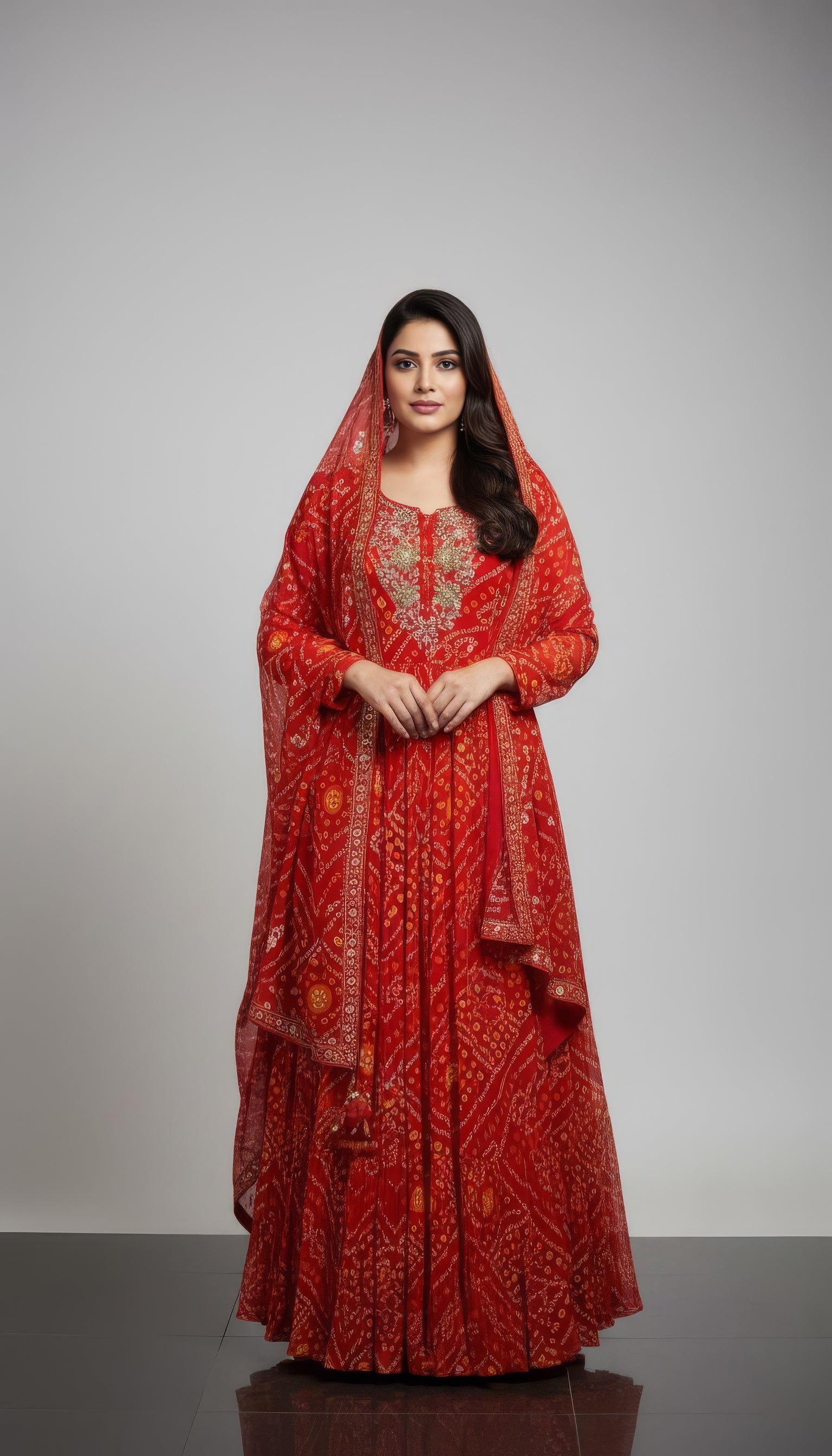 Bandhani Georgette Orange Gown with Elegant Handwork Embroidery and Dupatta For Wedding