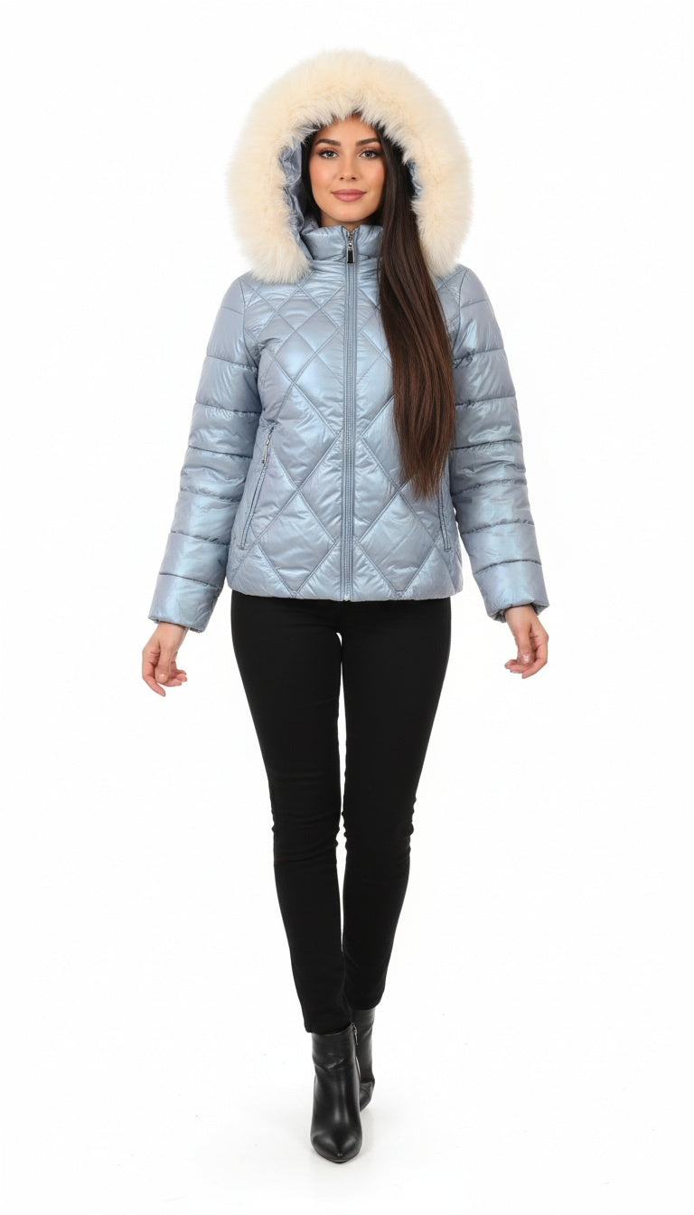 Women’s Premium Quilted Winter Jacket with Fur Hood – Ice Blue