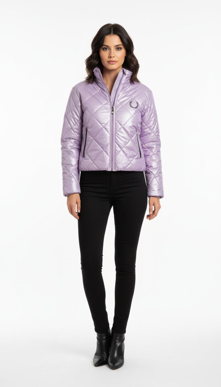 Women Puffer Jacket Short Length Solid Purple Color