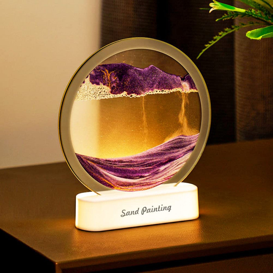 Moving Sand Art Picture, 3D Deep Sea Sandscape in Motion, Round Glass Frame Display Flowing Sand Relaxing Gift for Kids Adults Home Office Work Desktop Decoration Toy
