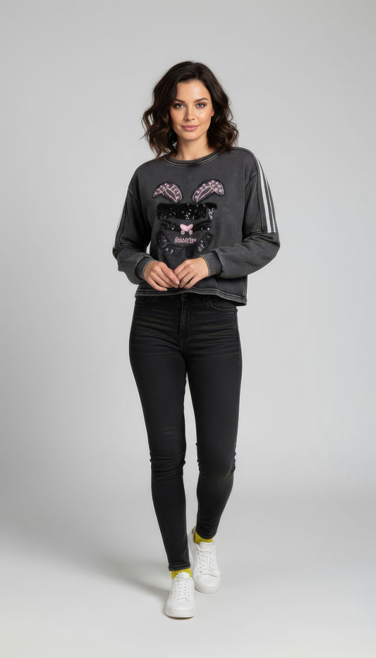 Girls Crop Sweatshirt Full Sleeves With Sequin Elegant Work