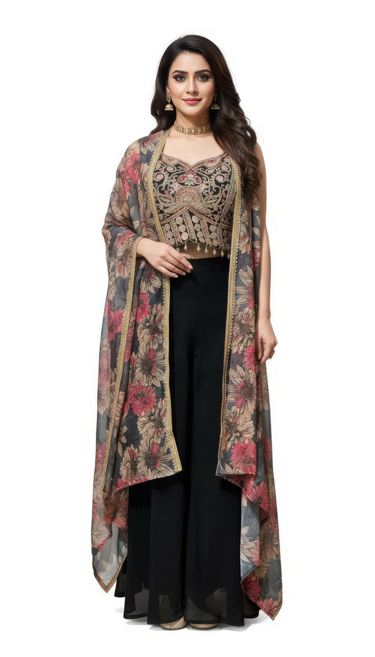 Traditional 3 Pcs Palazzo Choli Dupatta Set for Wedding