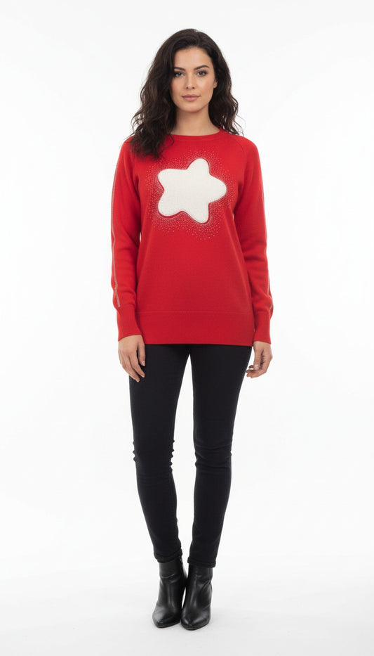 Women’s Stylish Red Winter Sweater with Star Design