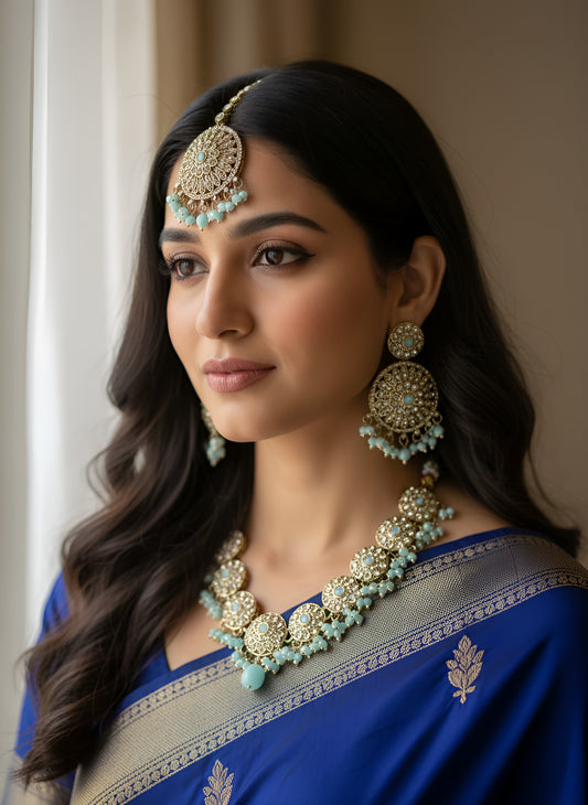 Traditional Pastal Color Necklace Set With Earing And Mang Tikka