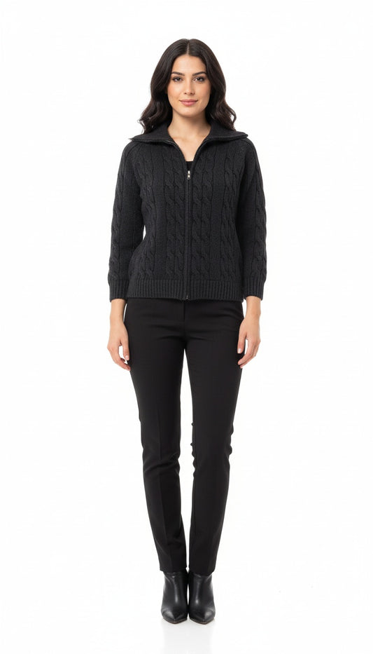 Women’s Black Cable Knit High-Neck Zipper Woolen Jacket | Premium Winter Wear