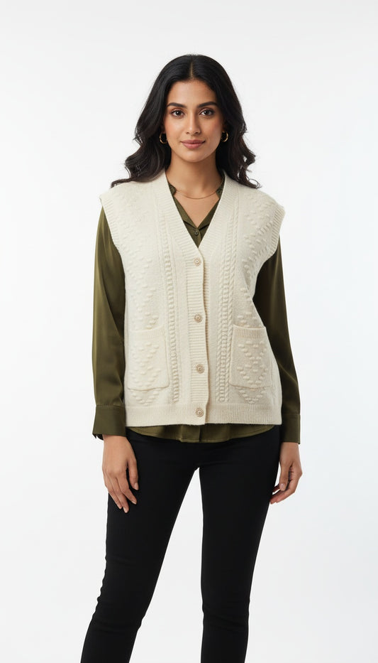 Women’s Textured Soft Wool Knit Front-Button Sleeveless Cardigan Vest