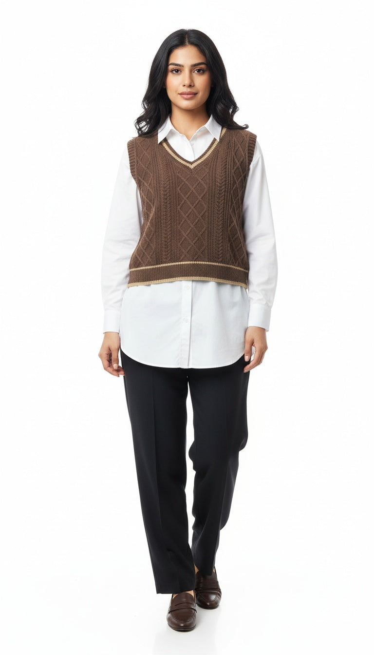 Women’s Brown Textured Knit Sleeveless Sweater Vest | Stylish Winter Layering Wear