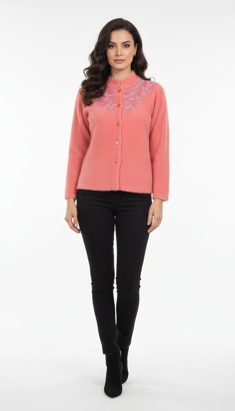Women’s Fuzzy Woolen Cardigan with Heavy Embroidery | Premium Winter Wear