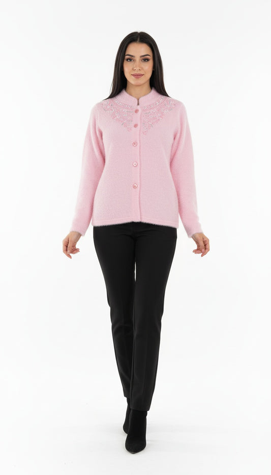 Women’s Fuzzy Woolen Cardigan with Heavy Embroidery | Premium Winter Wear