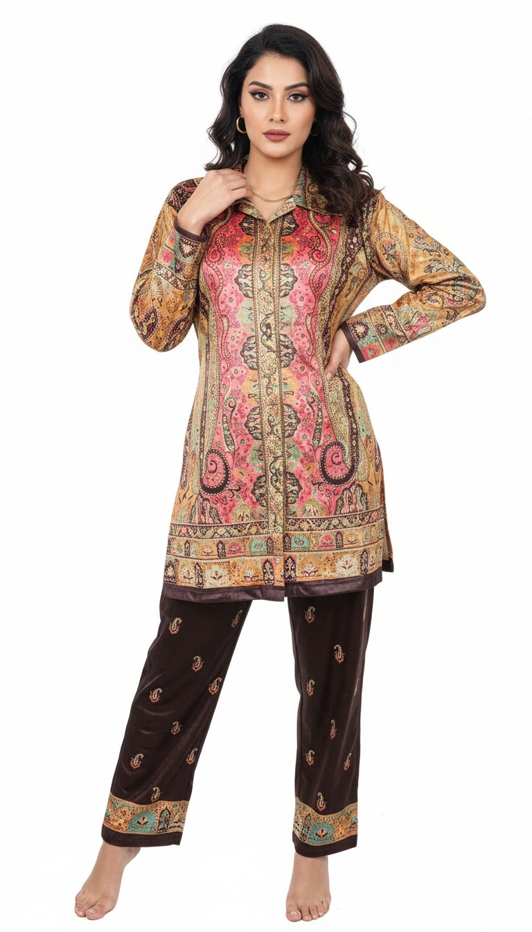 Women Premium Velvet Self-Print Co-Ord Set