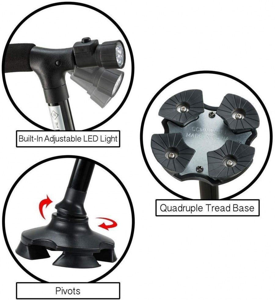 Foldable Walking Stick with 360-Degree Pivoting Quad Base | Adjustable Height, Lightweight Aluminium | Built-in LED Torch