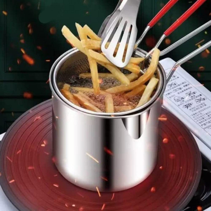 Deep Frying Pot with Strainer Basket | 1200ml Stainless Steel Pan with Handle | Ideal for Frying French Fries/Chicken Wings/Shrimp/Boiling Butter/Sauce/Gravies/Pasta