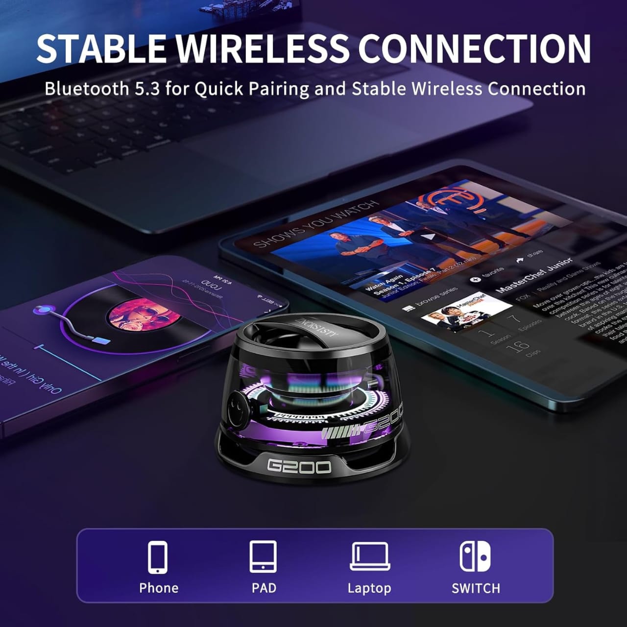 Magnetic Bluetooth Speaker G200 Portable Wireless Mini Speaker with RGB Light Show 3D Stereo Sound Waterproof IPX5 Phone Stand TWS Pairing Compact Travel Audio
