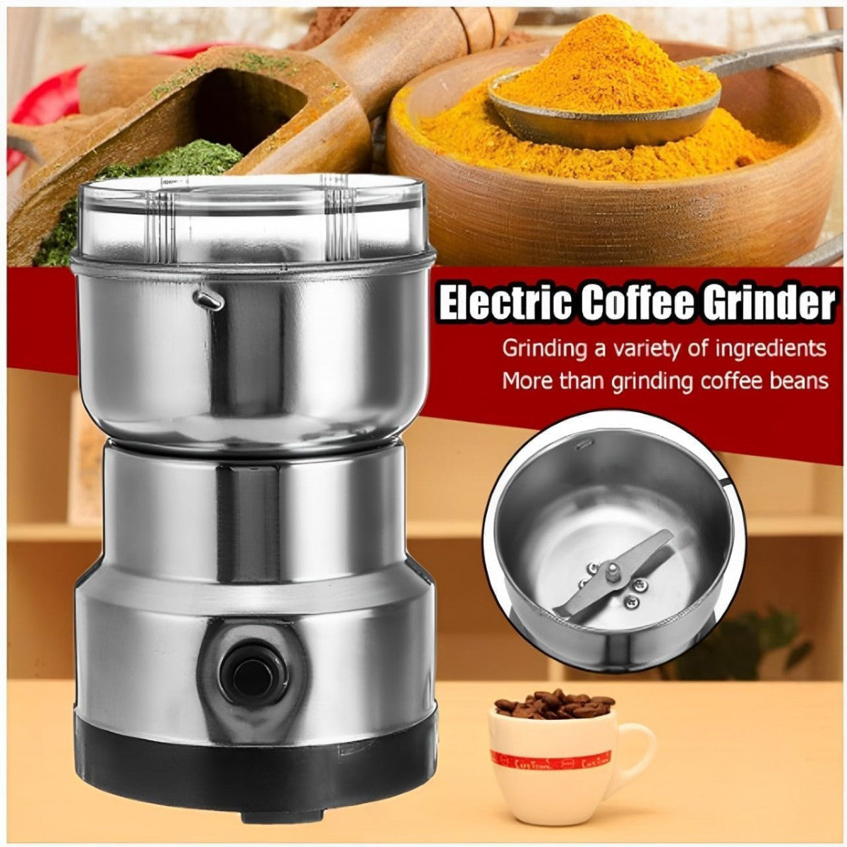 Coffee Grinder with Juicer – 2-in-1 Electric Mill for Beans, Spices, Herbs & Fresh Juices – Adjustable Speed, Stainless Steel Blades, 100–300W Motor