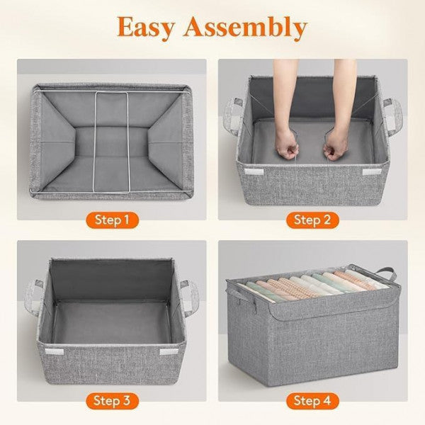 26L Foldable Clothes Organizer For Wardrobe, Blanket Storage Box, Cloth and Dress Organiser Metal Frame Basket Bag with Lid,Carry Handles for Bedding