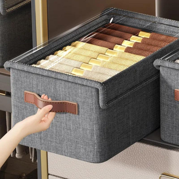 26L Foldable Clothes Organizer For Wardrobe, Blanket Storage Box, Cloth and Dress Organiser Metal Frame Basket Bag with Lid,Carry Handles for Bedding