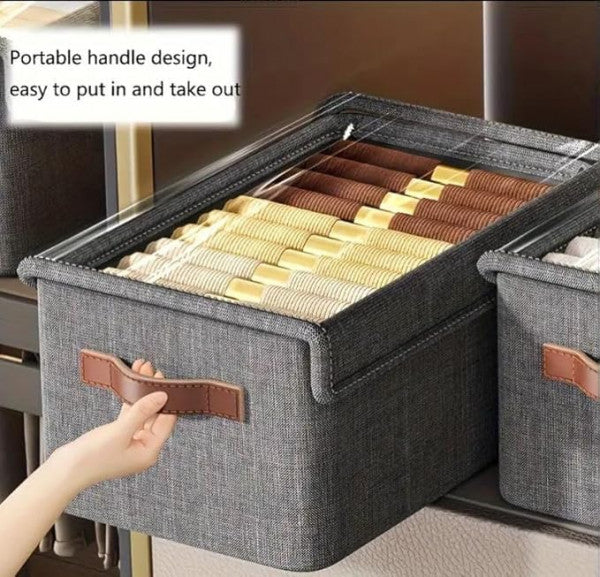 26L Foldable Clothes Organizer For Wardrobe, Blanket Storage Box, Cloth and Dress Organiser Metal Frame Basket Bag with Lid,Carry Handles for Bedding