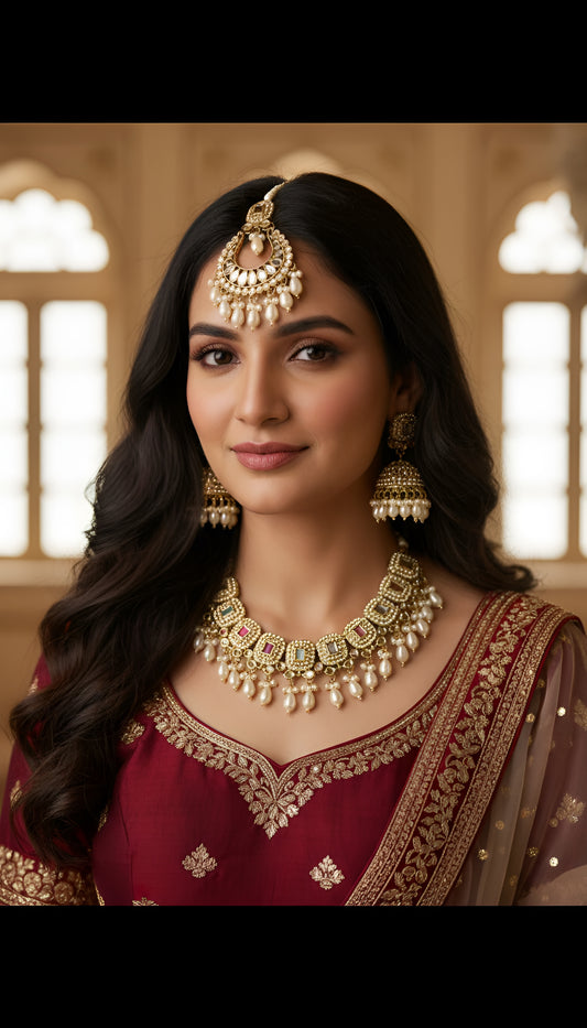 Traditional Multicolor With White Beeds Chokar Necklace with Earing and Tikka