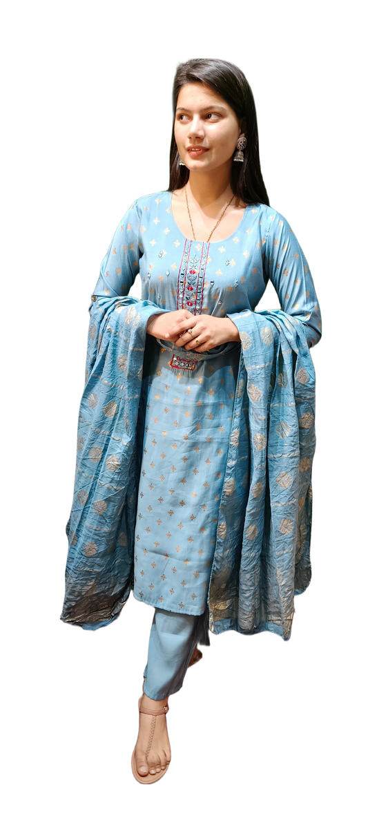 Muslin With Mirror Work Kurta Pant Dupatta Set